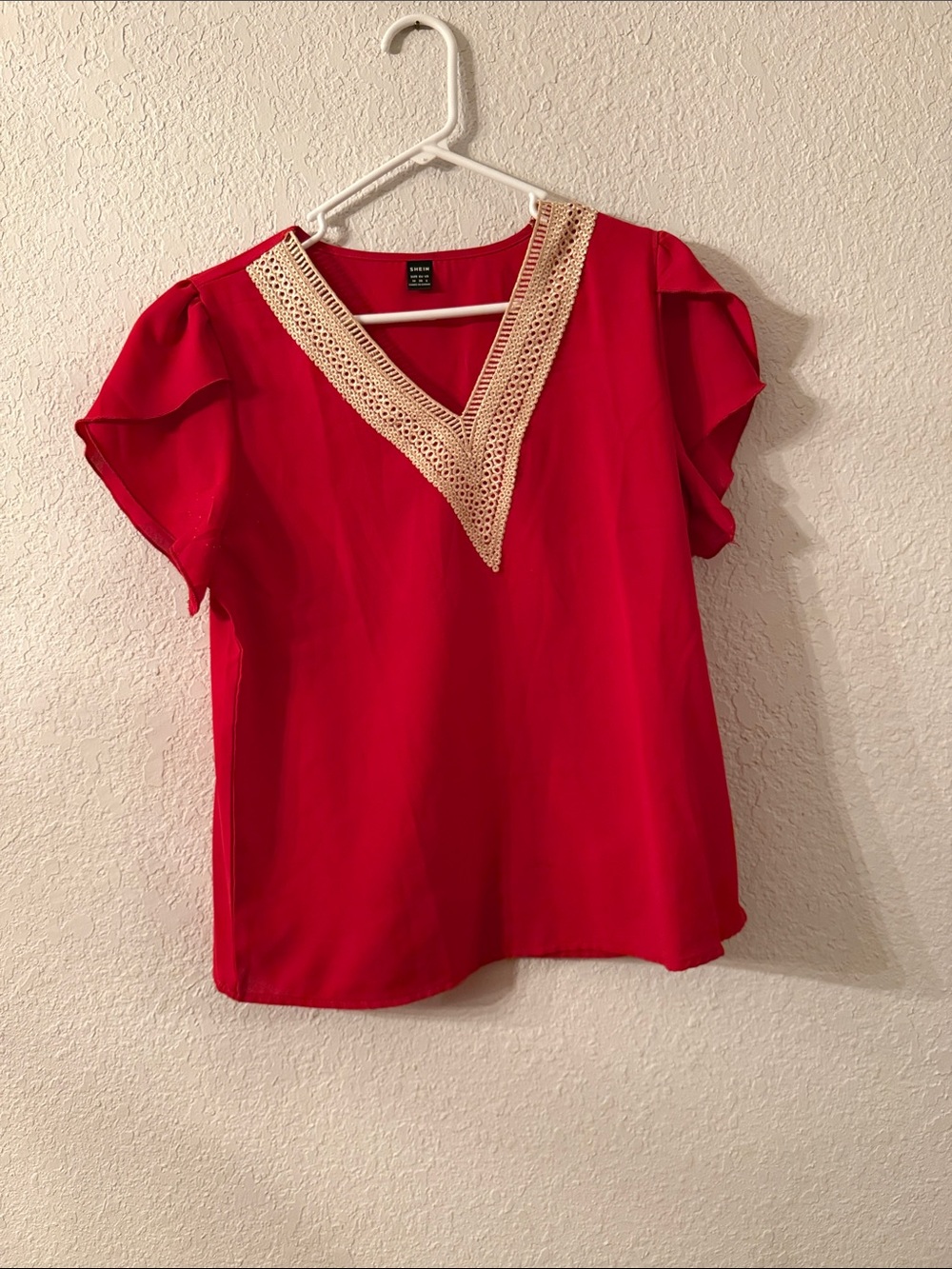 SHEIN Red Blouse with Cream Crochet V-Neck